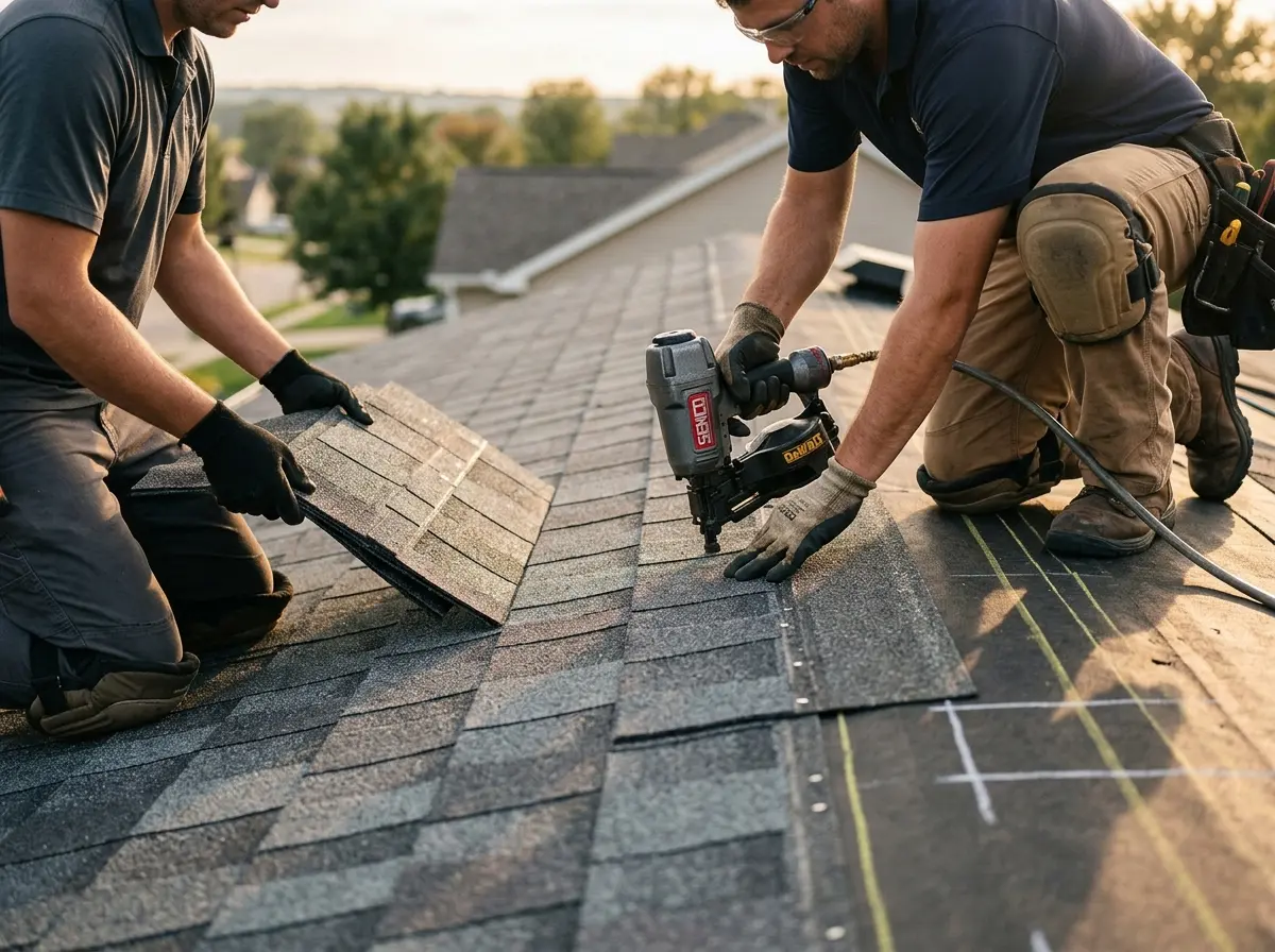 Professional roofer working on a residential roof in Warrensburg